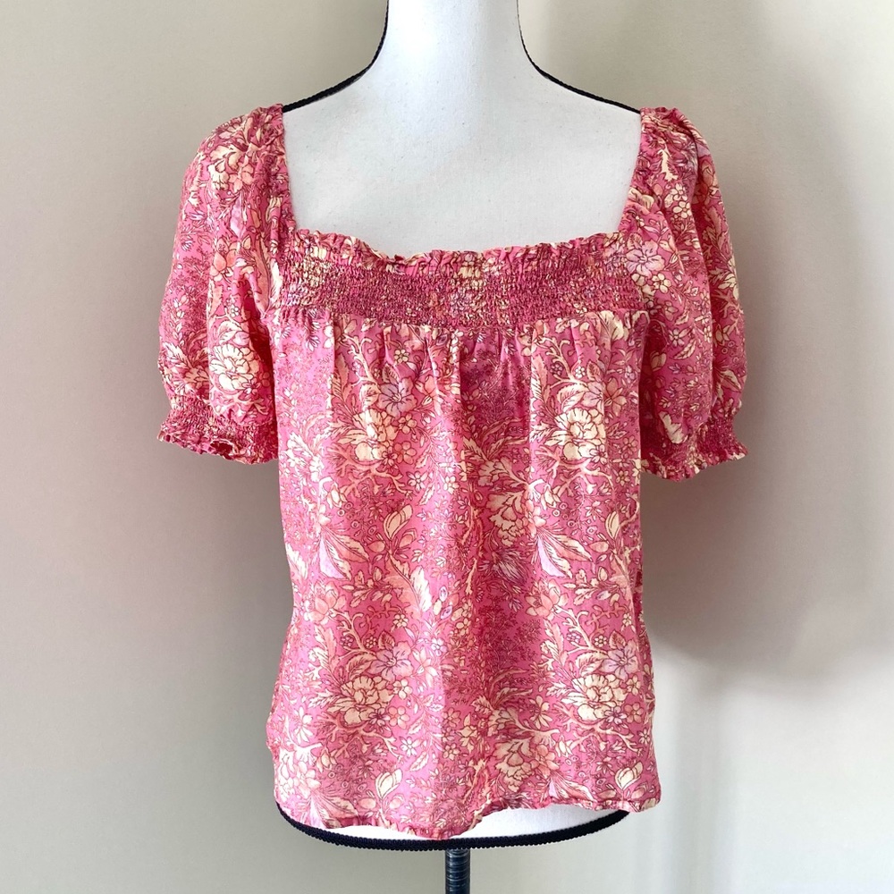 J Crew Floral Square Neck Smocked Top in Pink and Cream Size M - Picture 4 of 7
